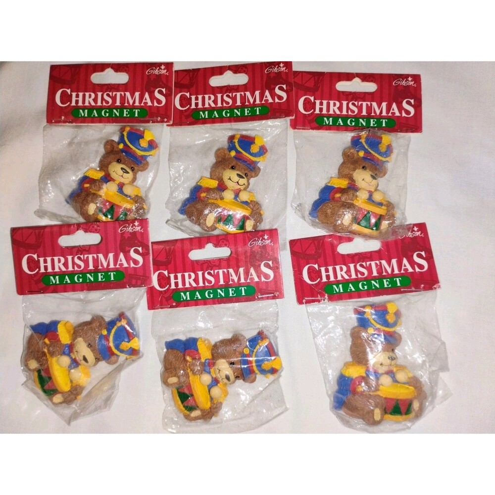 NWT 6 Vintage Christmas Magnets Teddy Bear w/Drums Gibson